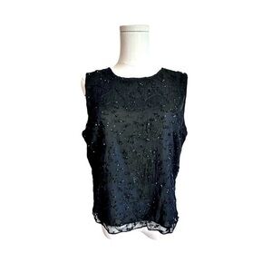 Ann Taylor VTG 100% Silk Crepe Beaded Embroidered Black Tank Blouse Women’s 14